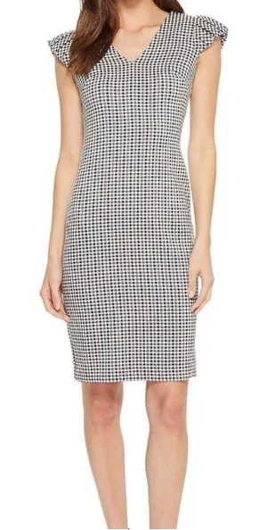 Calvin Klein Gingham Ruffle Puff Sleeve Black & White V neck Midi Dress size 6 thumbnail 1