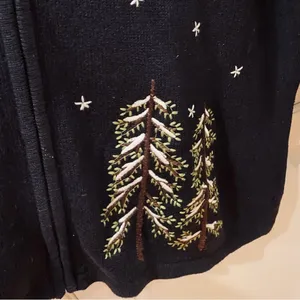 Vintage Christmas Sweater Cardigan Zip Trees 1X Embroidered Black Green thumbnail 9