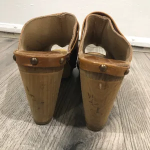 Sanita Leather Studded Wooden Heel Peep Open Toe Brown Heeled Clog Mules 39/8.5 thumbnail 6