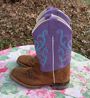 Old West Purple, Blue and Brown Embroidered Cowboy Boots Size 5D thumbnail 1