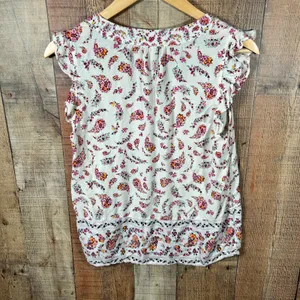 Old Navy White Floral Paisley Rayon Flutter Sleeve Button V-Neck Blouse Boho M thumbnail 6