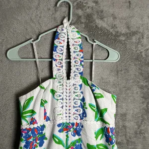 Lilly Pulitzer Size 2 Isabel Halter Dress White Green Blue‎ Floral Tie Neck thumbnail 6