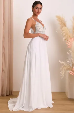 NWT Lulus Size 6 True Love White Beaded Rhinestone Maxi Dress Wedding Gown thumbnail 2