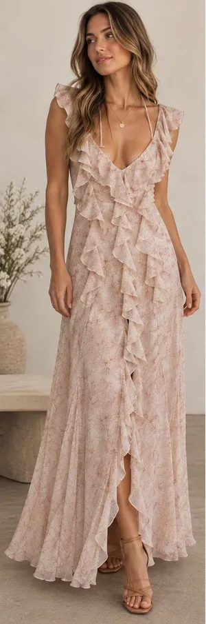 Storia Womens Floral Ruffle Maxi Dress Red Cream Sleeveless Sz L Dainty Feminine thumbnail 1