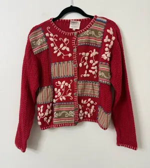 {S} Vintage Susan Bristol Red Embroidered Patchwork Cardigan 1995 thumbnail 1
