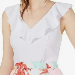Bar III Bright White Ruffled V-Neck Blouse thumbnail 1