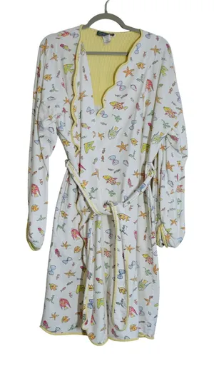 Vintage Prima Donna Cotton Robe Small Fish Starfish Print Yellow Trim Beach 90s thumbnail 1
