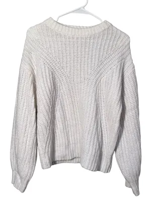 A New Day Womens Size Small Crewneck Sweater White Ribbed Shaker Stitch Long Slv thumbnail 1