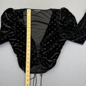 For Love & Lemons Black Velvet Polka Dot Ruched Lace Up Crop‎ Top CT1539-HO19 S thumbnail 5