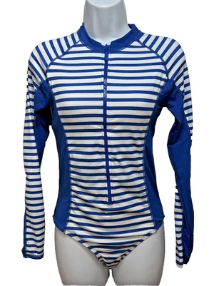 Cabana Life Womens One Piece Long Sleeve Zip Swimsuit Rash Guard Size‎ S Blue thumbnail 1