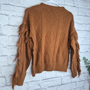 Pink Lily Fringe Sleeve Cable Knit Sweater Brown M Western Boho Fall Cowgirl Top thumbnail 6