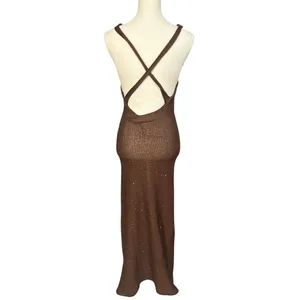 SOVERE Spark Dress in Coffee Medium New Womens Knit Crochet sequin Maxi Gown thumbnail 8