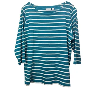 LL Bean Teal Striped Boat Neck 3/4 Sleeves Rib Knit Shirt Size XL thumbnail 2