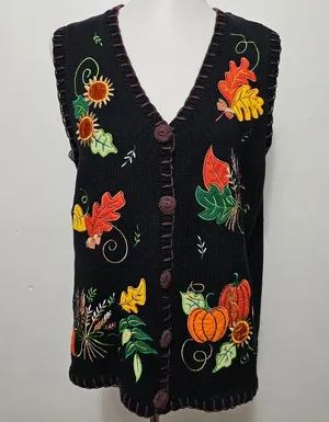 Holiday Editions Y2K Black Embroidered Fall Motif Sweater Vest Size Large thumbnail 1
