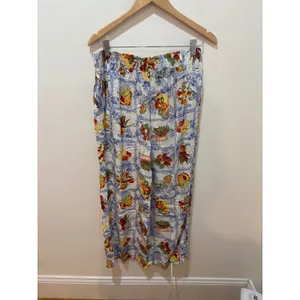 Rose + Olive Fruit Tile Print Wide Leg Pants Blue‎ White Mediterranean Size M thumbnail 3