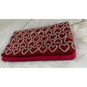 Francesca Red Beaded Heart Clutch Evening Bag Gold Chain Shoulder Strap NWT thumbnail 3