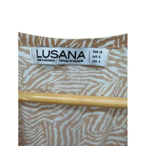 LUSANA Tan Zebra Print Maxi Dress XS 2 Tiered Elastic Waist V-Neck Resortwear thumbnail 2