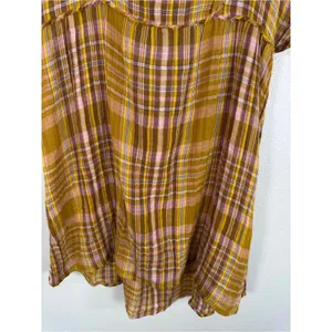Anthropologie Yellow Pink Plaid Mini Dress Womens L Babydoll Boho Tie Back thumbnail 15