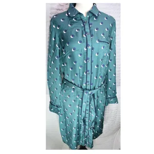 Boden Teal Green Crescent Moon Polka Dot Shirt Dress US 8R Navy Piping Belted thumbnail 2
