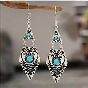 Carved Geometric Shape With Turquoise Decor Dangle Earrings Retro Bohemian Style thumbnail 11