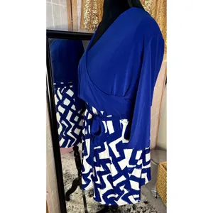 Leota‎ Faux Wrap Dress XXL Blue Zig Zag Navy Crepe V-Neck 3/4 Sleeve NWT 2515 thumbnail 3