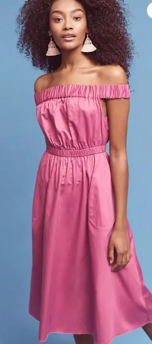 Anthropologie Maeve Mona Off The Shoulder Midi Fit & Flare Dress Fuchsia Size XS thumbnail 1