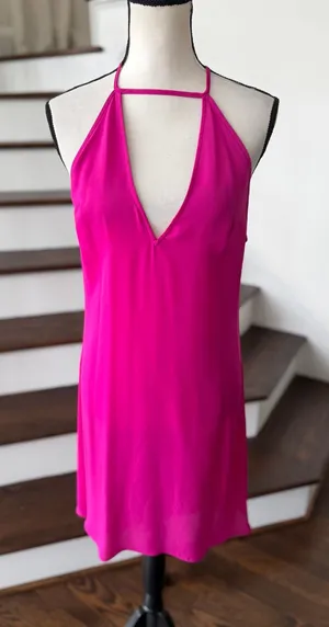 Alexis Hot Pink V-Neck Plunge Open Back Sleeveless Mini Shift Dress thumbnail 1