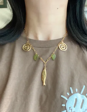 Handmade gold tone fully gold tone stainless steel fish & swirl boho funky chic necklace🌀🐟 thumbnail 1