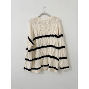 SOLAI Cable Knit Striped Sweater Ivory Black Oversized Coastal Grandmother thumbnail 4