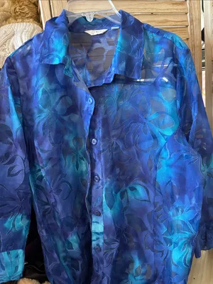 Sheer Blue Floral Button-Up Shirt Large thumbnail 1