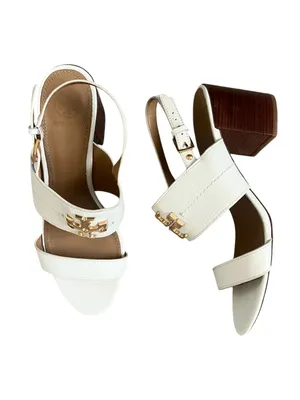 Tory Burch Women’s Eleanor White Leather Gold Metal Block Heel Sandals Size 9.5 thumbnail 2