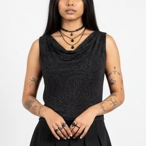 Vintage Isabel L Beaded Top Black Cowl Neck Glam Goth USA Sexy‎ Club Witchy Y2K thumbnail 7