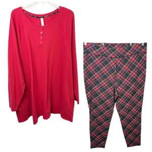 Cacique Sleep‎ Plus Size 26/28 Pajama Set Red Waffle Henley Plaid Leggings 1324 thumbnail 1