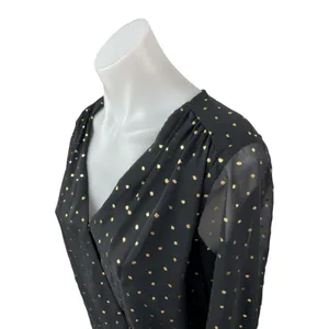 All in Favor Black Metallic Dot Sheer Mesh Long Sleeve Wrap Bodysuit Top Size S thumbnail 2