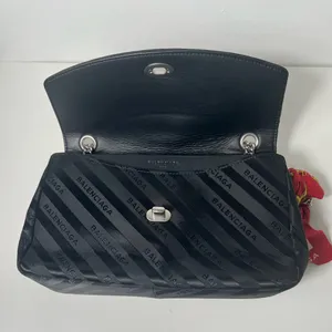 Balenciaga BB Satin Jacquard Black Logo Scarf Chain Shoulder Crossbody Bag Purse thumbnail 12