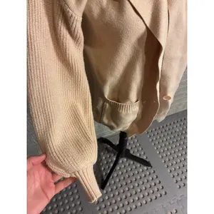 Peach Knit Button Front Cardigan‎ Sweater with Lapel Collar and Pockets Small thumbnail 2