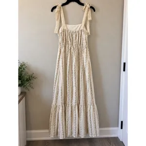 Cream Floral Cotton Maxi Dress Lace Tie Cottagecore Tiered Ruffle M thumbnail 3