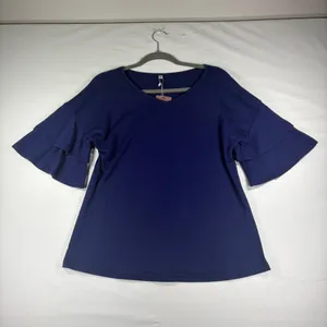 Yesfashion Navy Blue V-Neck Top Double‎ Layer Ruffle Short Sleeve Blouse Medium thumbnail 2