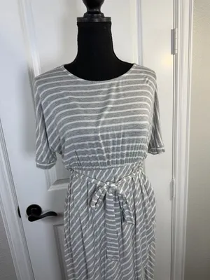 PinkBlush Grey Striped Tie Waist Tulip Hem Maternity Dress Size L thumbnail 3