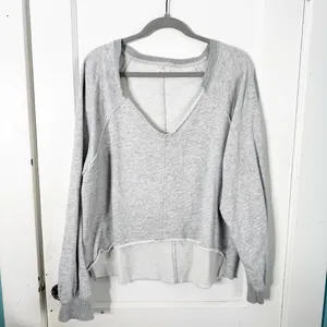 Anthropologie Pilcro Reworked Popover V-Neck Sweatshirt Cotton Gray Distressed L thumbnail 2
