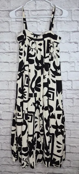 Abel The Label Tiered Maxi Dress Small Black White Abstract Boho Anthropologie thumbnail 1
