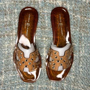 Chinese Laundry Charli Rhinestone Jelly Slide Sandals in Tan Vinyl/Stone 6 M thumbnail 5