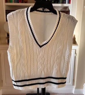 SHEIN Qutie Striped Trim Cable Knit Sweater Vest thumbnail 1