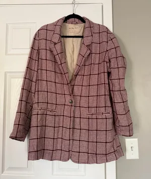 Free People We the Free Plaid Blazer Long Jacket Business Casual thumbnail 1