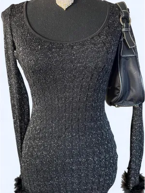 PrettyLittleThing Glitter Sheer Feather Cuff Bodycon Mini Dress size 2 thumbnail 2