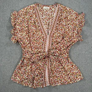 Max Studio Floral V-Neck Blouse Women's XL Yellow/Red Belted Ruffle Boho thumbnail 1