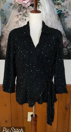 Beautiful J Kara Black Silk Beaded Wrap Blouse! thumbnail 1