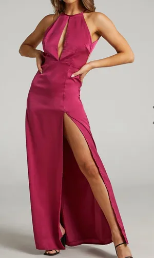 Showpo lonni high neck cut out maxi dress with leg split in berry satin thumbnail 1