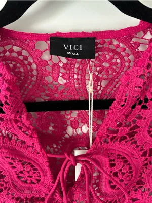 Vici Fuchsia Paisley Lace Crochet Long Sleeve Swim Cover-Up Mini Dress Front Tie thumbnail 6