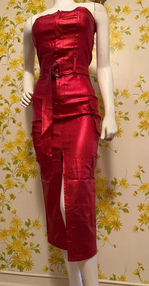 Metallic red strapless midi dress featuring a matching belt and a front slit thumbnail 1